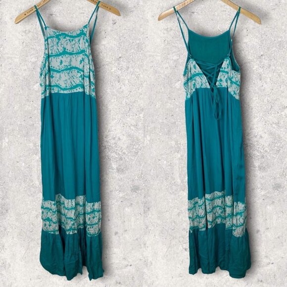 Entro Tiered Maxi Dress Tie Back Aqua Blue Bohemian Summer Beach Long Festival S - Picture 1 of 12